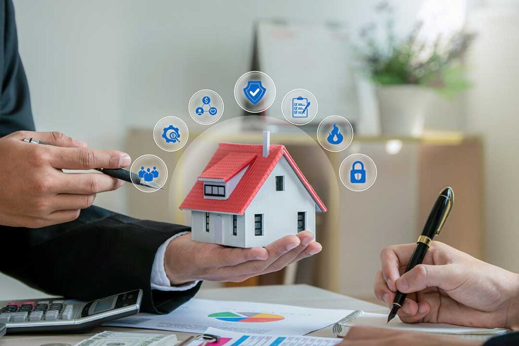 A renter sits on a couch in a cozy living room, reviewing home inventory items with a notepad.